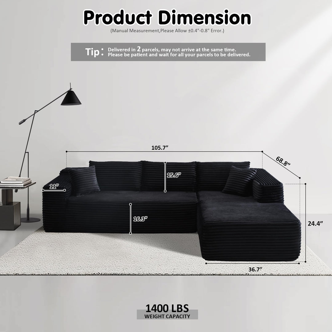 Ovios 104" L-formet modulsofa med chaise, myk kordfløyelsstoff, ingen montering nødvendig