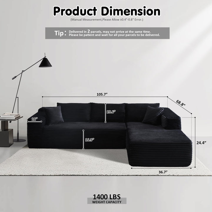 Ovios 104" L-formet modulsofa med chaise, myk kordfløyelsstoff, ingen montering nødvendig