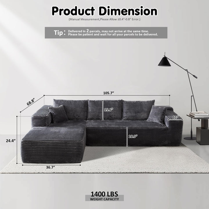 Ovios 104" L-formet modulsofa med chaise, myk kordfløyelsstoff, ingen montering nødvendig