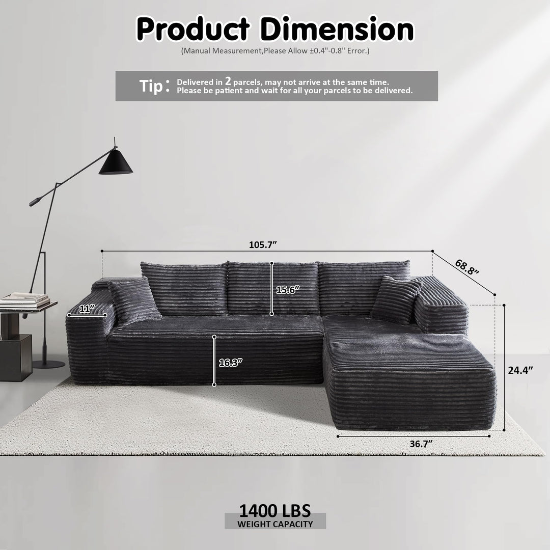 Ovios 104" L-formet modulsofa med chaise, myk kordfløyelsstoff, ingen montering nødvendig