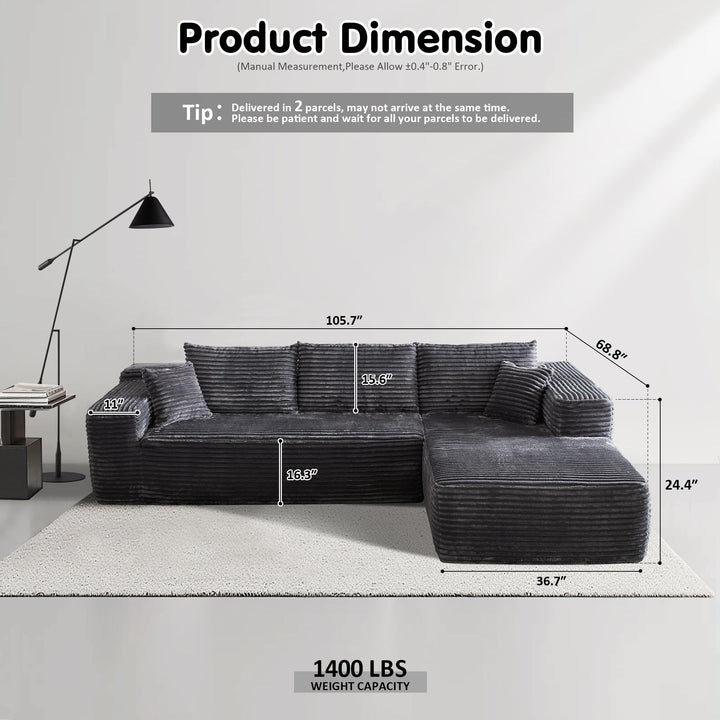 Ovios 104" L-formet modulsofa med chaise, myk kordfløyelsstoff, ingen montering nødvendig