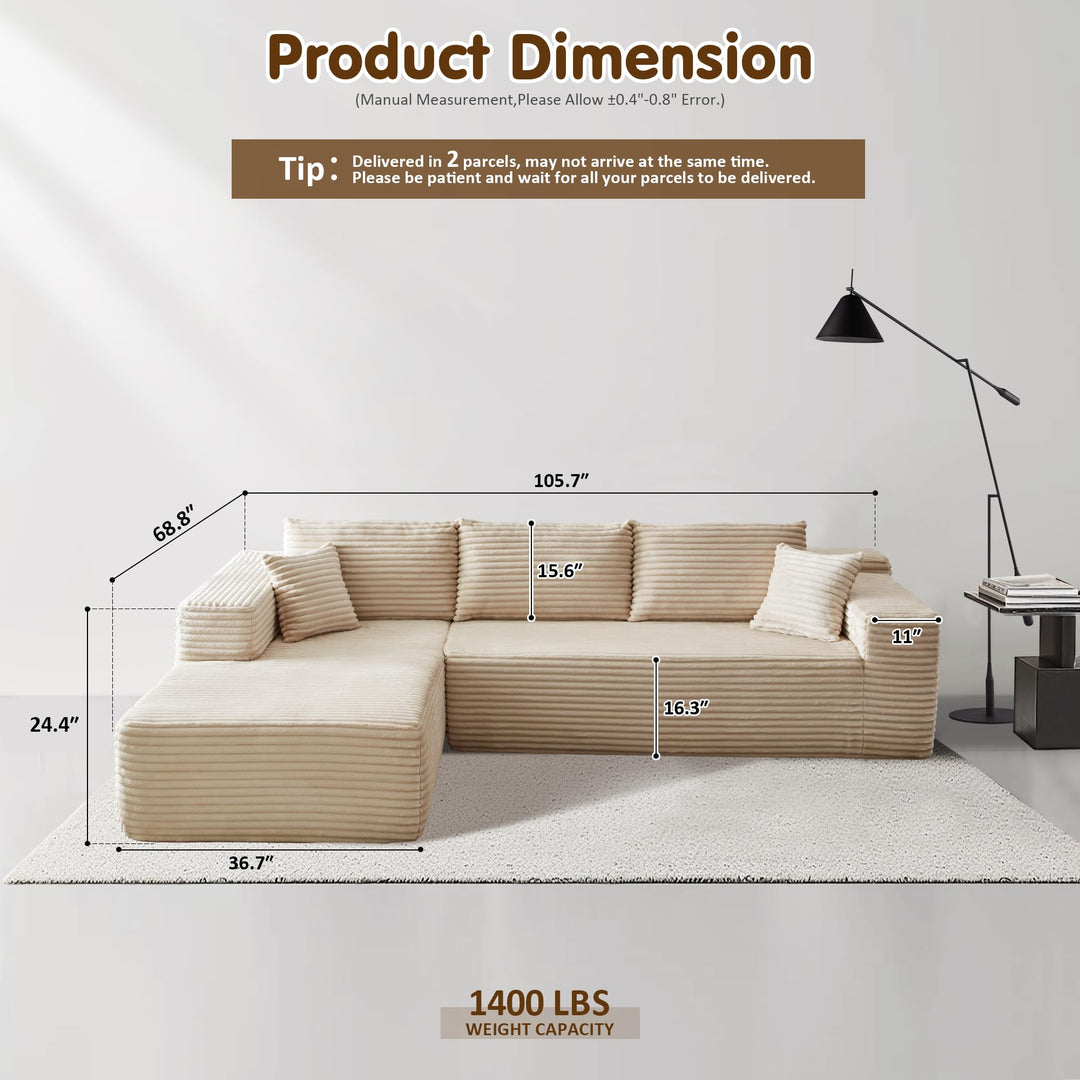 Ovios 104" L-formet modulsofa med chaise, myk kordfløyelsstoff, ingen montering nødvendig