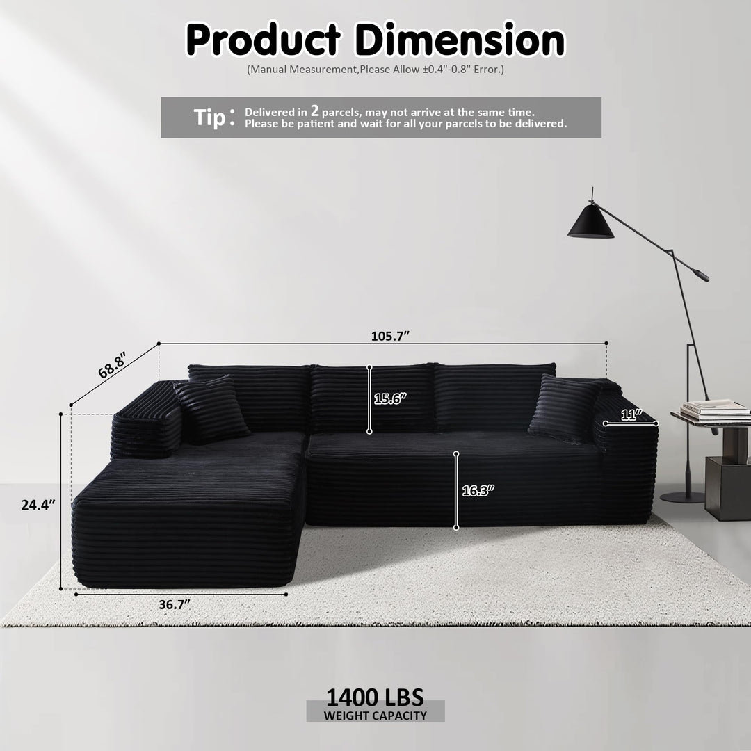 Ovios 104" L-formet modulsofa med chaise, myk kordfløyelsstoff, ingen montering nødvendig