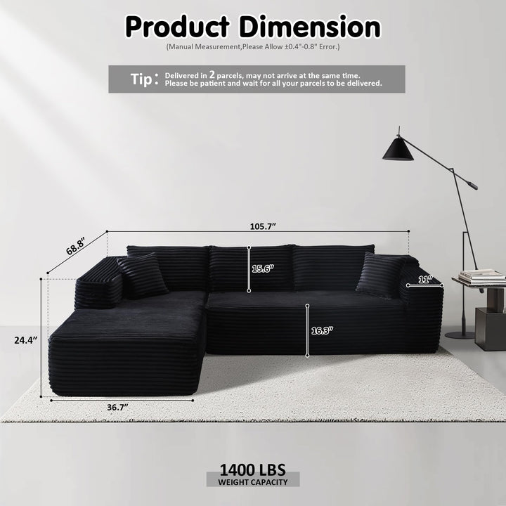 Ovios 104" L-formet modulsofa med chaise, myk kordfløyelsstoff, ingen montering nødvendig